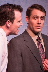 Dan Tschirhart as Eric and Kirby Anderson as Frank in OpenStage Theatre’s production of Unnecessary Farce by Paul Slade Smith. Photo credit Kate Austin-Groen Photography