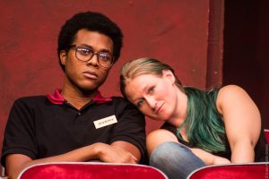 Robert Moore as Avery and Jessica MacMaster as Rose in OpenStage Theatre’s production of The Flick by Annie Baker, photography by Kate Austin-Groen Photography