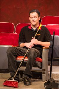 Dan Tschirhart as Sam in OpenStage Theatre’s production of The Flick by Annie Baker, photography by Kate Austin-Groen Photography